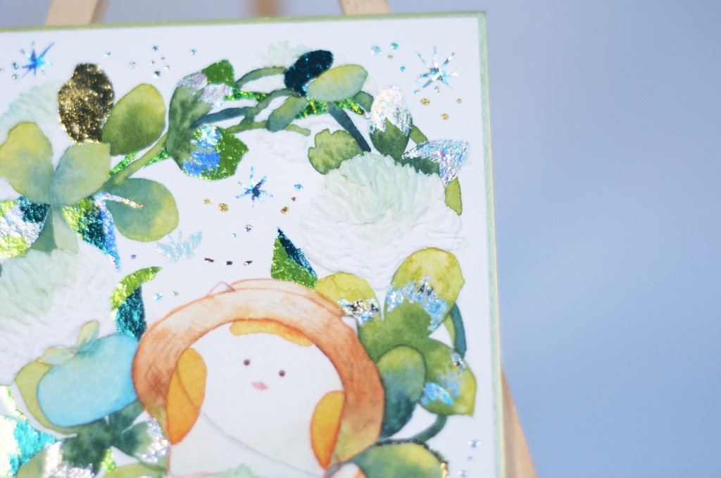 手描きイラスト オリジナル 「シロツメクサの冠の上で」 原画 創作 うたもち 秋田犬 1/4色紙サイズ 透明水彩