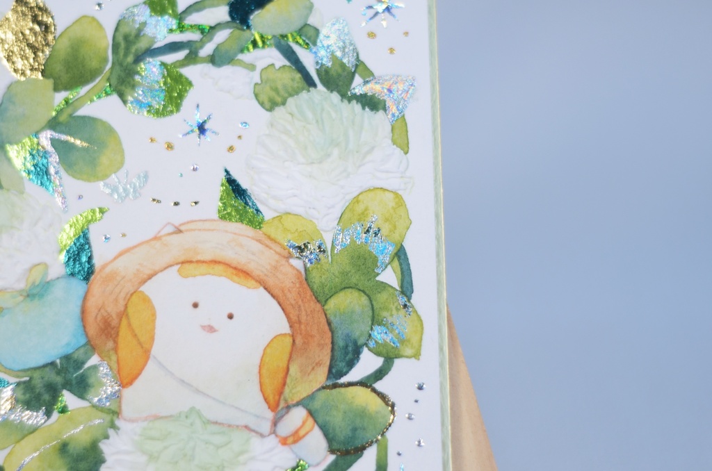 手描きイラスト オリジナル 「シロツメクサの冠の上で」 原画 創作 うたもち 秋田犬 1/4色紙サイズ 透明水彩