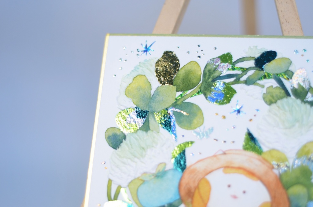 手描きイラスト オリジナル 「シロツメクサの冠の上で」 原画 創作 うたもち 秋田犬 1/4色紙サイズ 透明水彩