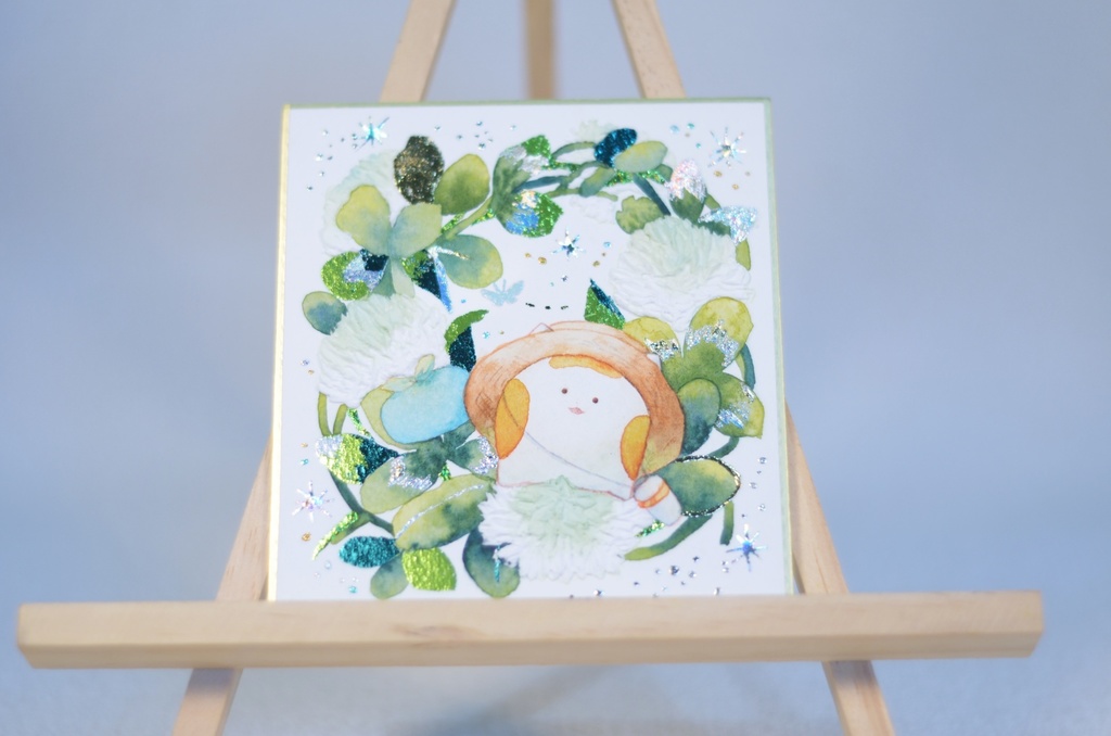 手描きイラスト オリジナル 「シロツメクサの冠の上で」 原画 創作 うたもち 秋田犬 1/4色紙サイズ 透明水彩