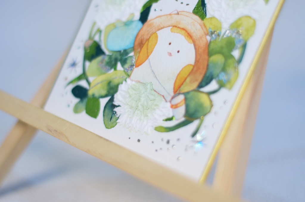 手描きイラスト オリジナル 「シロツメクサの冠の上で」 原画 創作 うたもち 秋田犬 1/4色紙サイズ 透明水彩