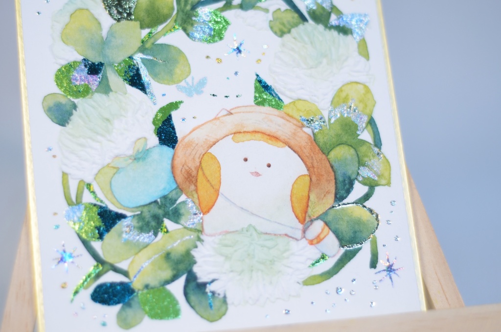 手描きイラスト オリジナル 「シロツメクサの冠の上で」 原画 創作 うたもち 秋田犬 1/4色紙サイズ 透明水彩