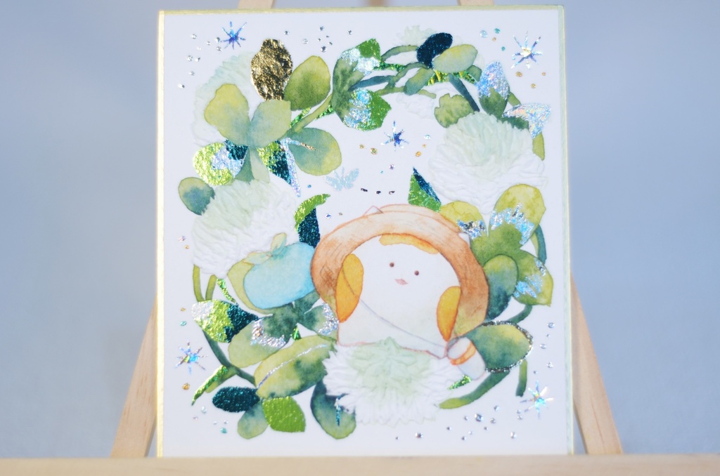 手描きイラスト オリジナル 「シロツメクサの冠の上で」 原画 創作 うたもち 秋田犬 1/4色紙サイズ 透明水彩