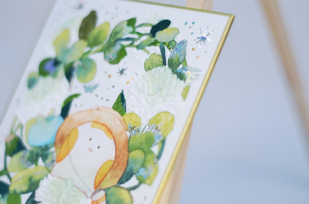 手描きイラスト オリジナル 「シロツメクサの冠の上で」 原画 創作 うたもち 秋田犬 1/4色紙サイズ 透明水彩