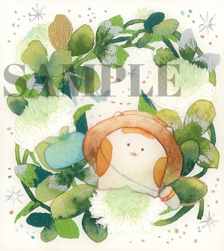 手描きイラスト オリジナル 「シロツメクサの冠の上で」 原画 創作 うたもち 秋田犬 1/4色紙サイズ 透明水彩