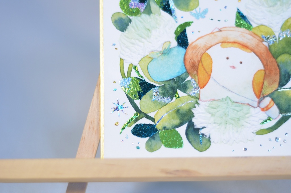 手描きイラスト オリジナル 「シロツメクサの冠の上で」 原画 創作 うたもち 秋田犬 1/4色紙サイズ 透明水彩