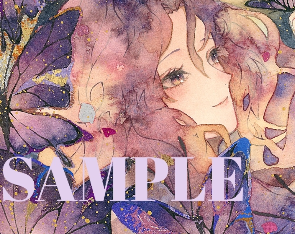 オリジナル 手描きイラスト 女の子 「胡蝶の夢」 変形サイズ 透明水彩 原画