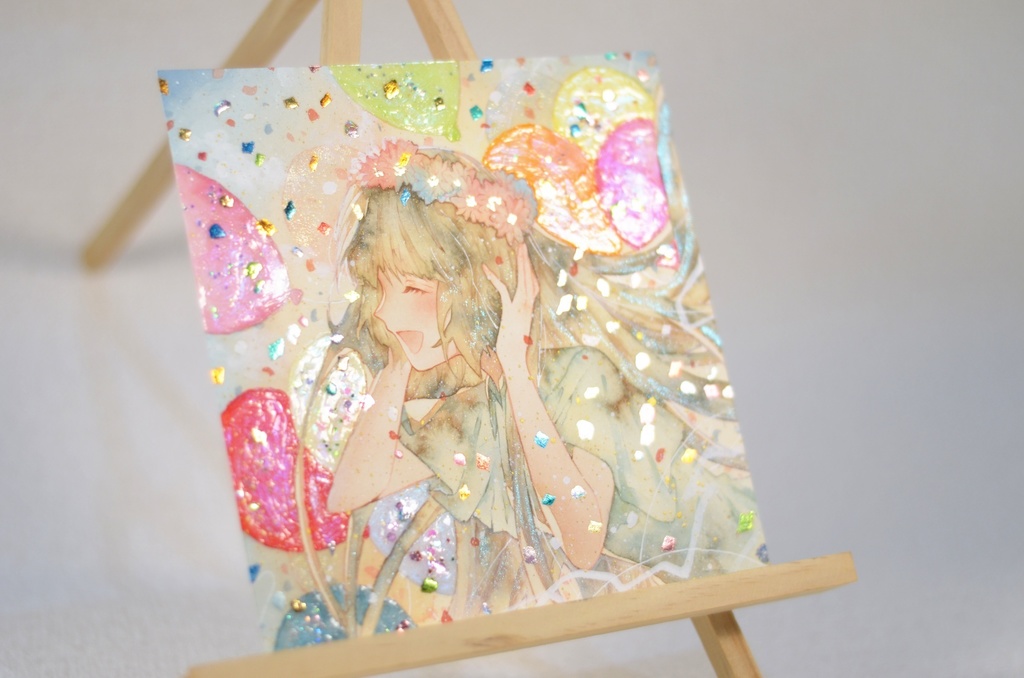 オリジナル 手描きイラスト 女の子 「花畑の丘で」 変形サイズ 透明水彩 原画
