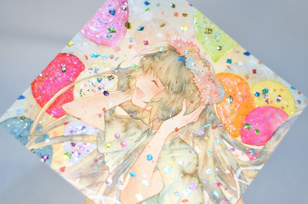 オリジナル 手描きイラスト 女の子 「花畑の丘で」 変形サイズ 透明水彩 原画