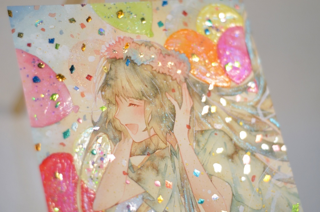 オリジナル 手描きイラスト 女の子 「花畑の丘で」 変形サイズ 透明水彩 原画