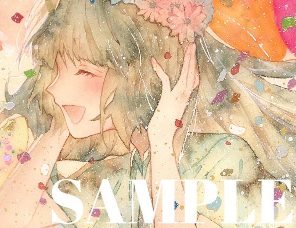 オリジナル 手描きイラスト 女の子 「花畑の丘で」 変形サイズ 透明水彩 原画