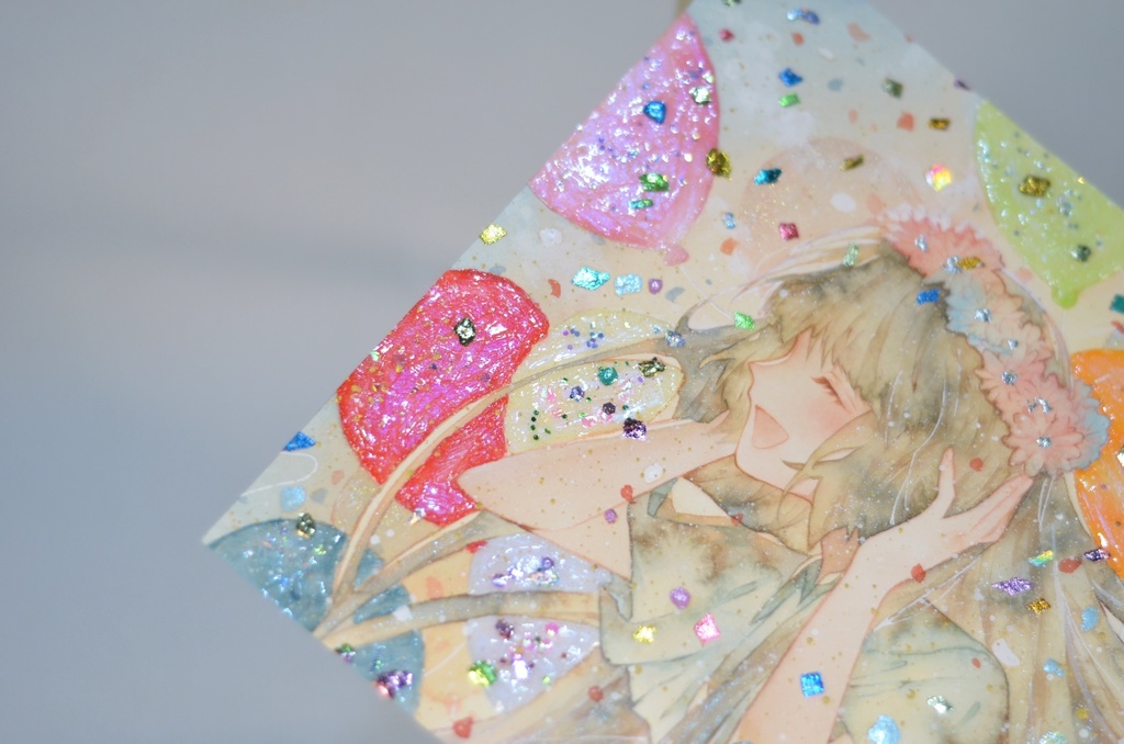 オリジナル 手描きイラスト 女の子 「花畑の丘で」 変形サイズ 透明水彩 原画