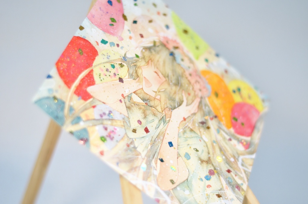 オリジナル 手描きイラスト 女の子 「花畑の丘で」 変形サイズ 透明水彩 原画