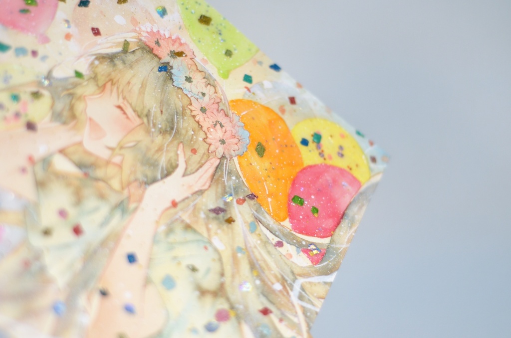 オリジナル 手描きイラスト 女の子 「花畑の丘で」 変形サイズ 透明水彩 原画