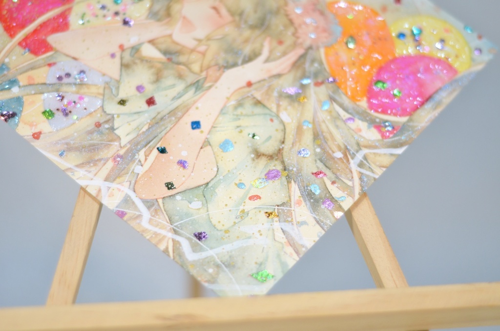 オリジナル 手描きイラスト 女の子 「花畑の丘で」 変形サイズ 透明水彩 原画