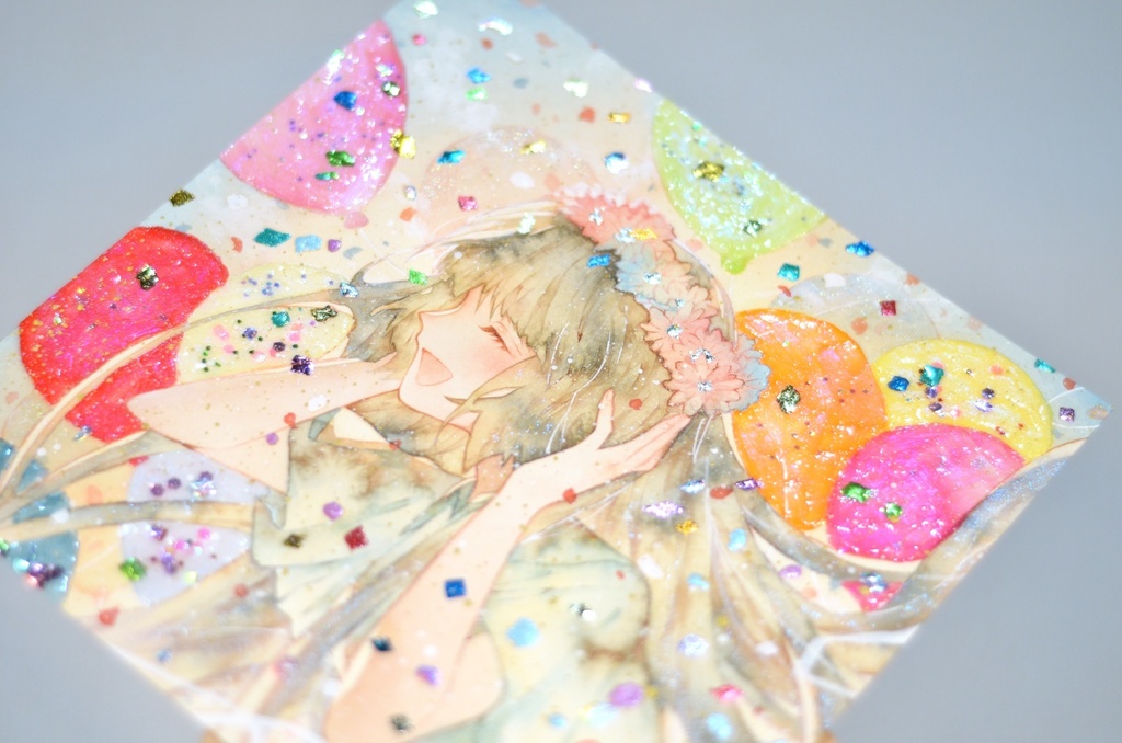 オリジナル 手描きイラスト 女の子 「花畑の丘で」 変形サイズ 透明水彩 原画