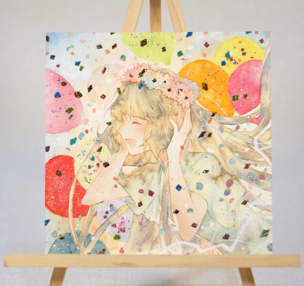 オリジナル 手描きイラスト 女の子 「花畑の丘で」 変形サイズ 透明水彩 原画