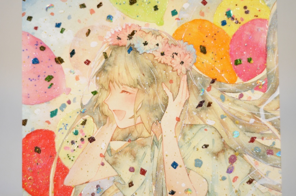 オリジナル 手描きイラスト 女の子 「花畑の丘で」 変形サイズ 透明水彩 原画