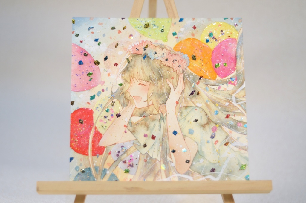 オリジナル 手描きイラスト 女の子 「花畑の丘で」 変形サイズ 透明水彩 原画