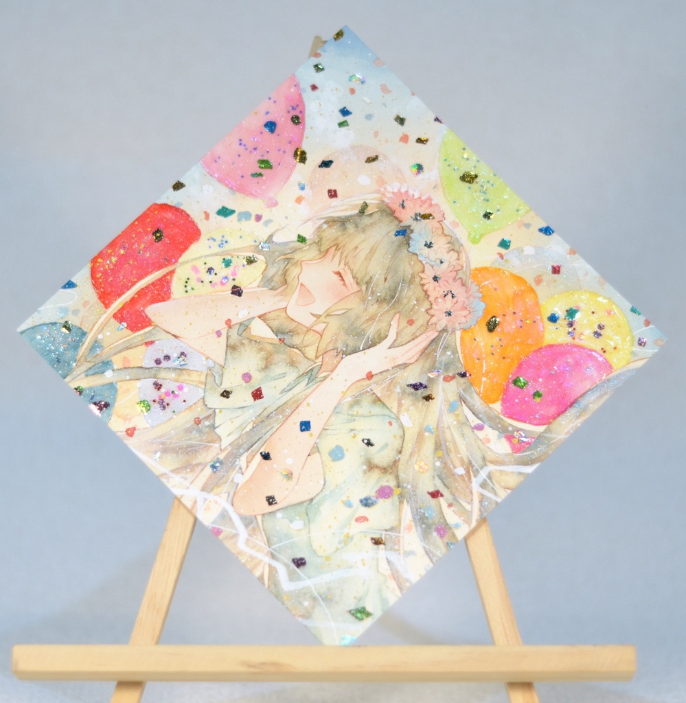 オリジナル　手描きイラスト　女の子　「花畑の丘で」 変形サイズ　透明水彩　原画