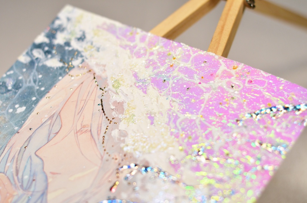 オリジナル 手描きイラスト 女の子 「波のずきん」 変形サイズ 透明水彩 原画