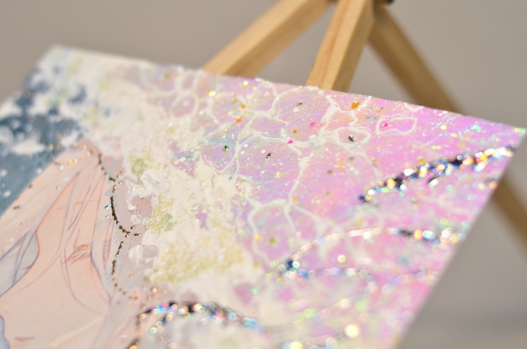 オリジナル 手描きイラスト 女の子 「波のずきん」 変形サイズ 透明水彩 原画