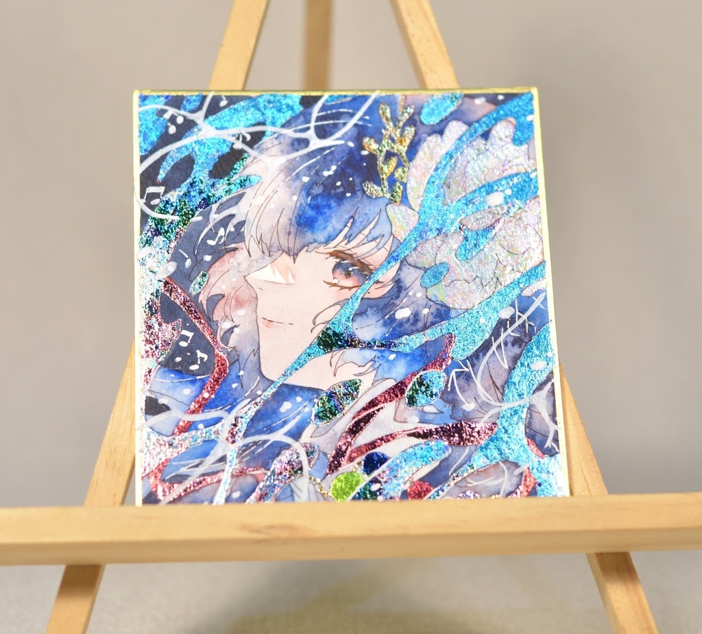 オリジナル　手描きイラスト　女の子　「人魚姫」 1/4色紙サイズ　透明水彩　原画