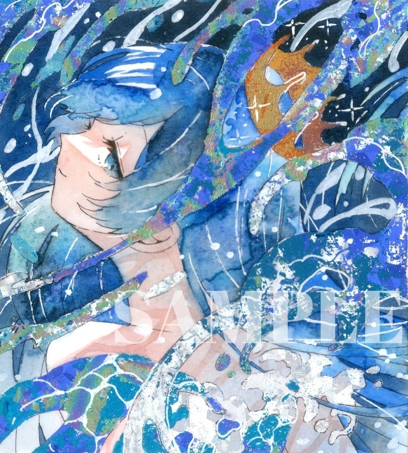 オリジナル 手描きイラスト 女の子 「海のスカート」 1/4色紙サイズ 透明水彩 原画