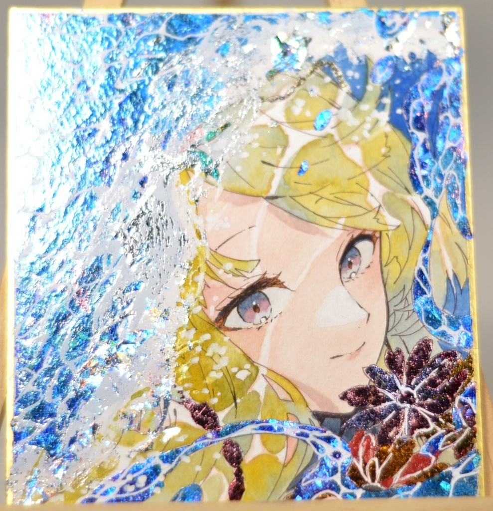 オリジナル 手描きイラスト 女の子 「波の花嫁」 1/4色紙サイズ 透明水彩 原画