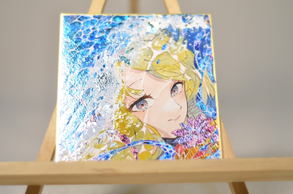 オリジナル 手描きイラスト 女の子 「波の花嫁」 1/4色紙サイズ 透明水彩 原画