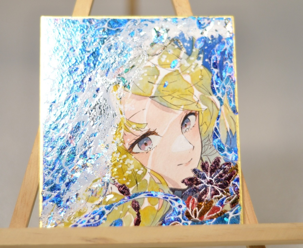 オリジナル　手描きイラスト　女の子　「波の花嫁」 1/4色紙サイズ　透明水彩　原画
