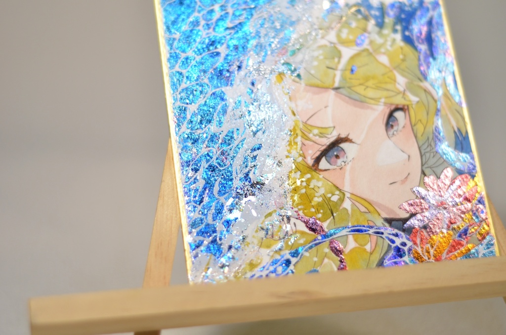 オリジナル 手描きイラスト 女の子 「波の花嫁」 1/4色紙サイズ 透明水彩 原画