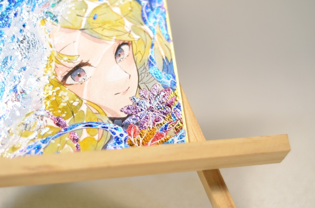 オリジナル 手描きイラスト 女の子 「波の花嫁」 1/4色紙サイズ 透明水彩 原画