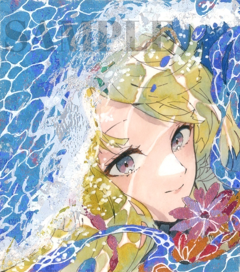 オリジナル 手描きイラスト 女の子 「波の花嫁」 1/4色紙サイズ 透明水彩 原画