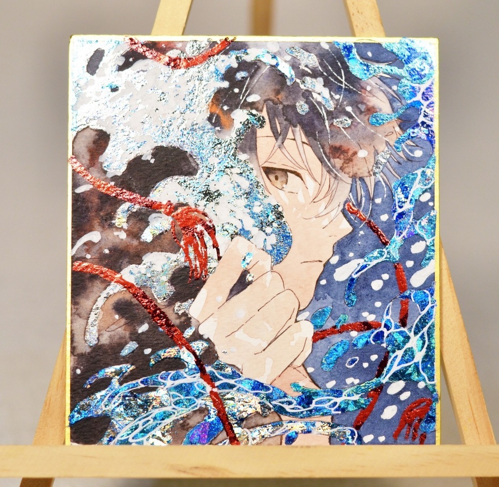 オリジナル　手描きイラスト　男の子　青年　「波のフード」 1/4色紙サイズ　透明水彩　原画