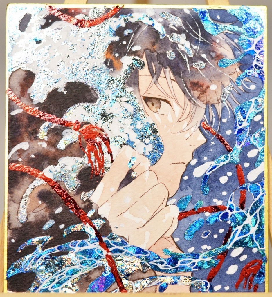 オリジナル 手描きイラスト 男の子 青年 「波のフード」 1/4色紙サイズ 透明水彩 原画