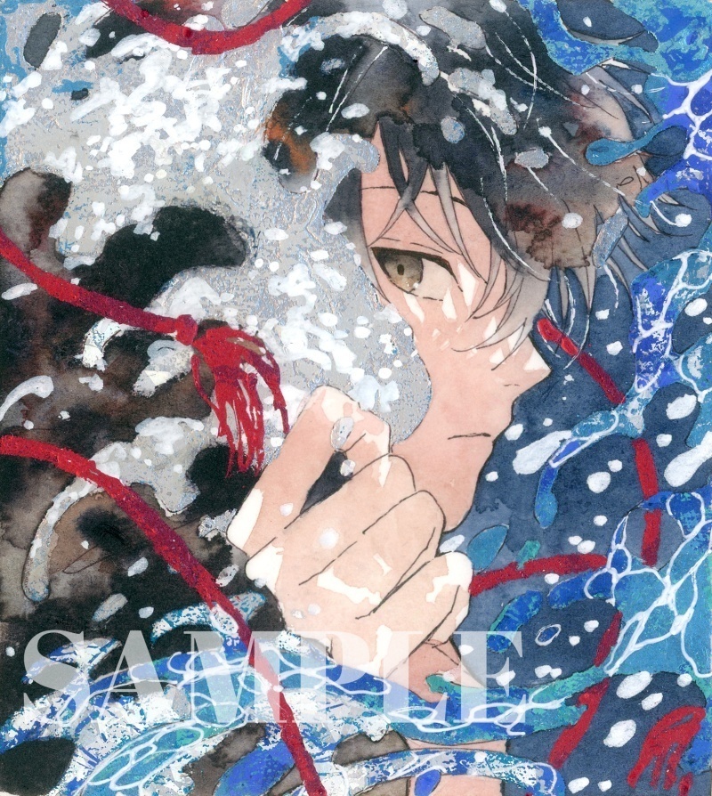 オリジナル 手描きイラスト 男の子 青年 「波のフード」 1/4色紙サイズ 透明水彩 原画