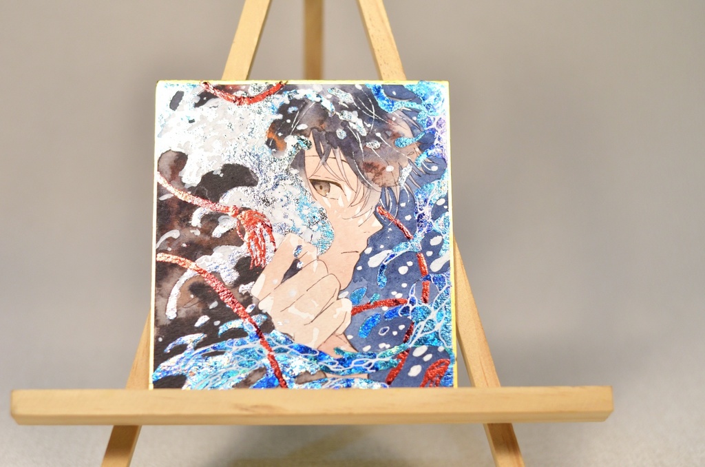 オリジナル 手描きイラスト 男の子 青年 「波のフード」 1/4色紙サイズ 透明水彩 原画