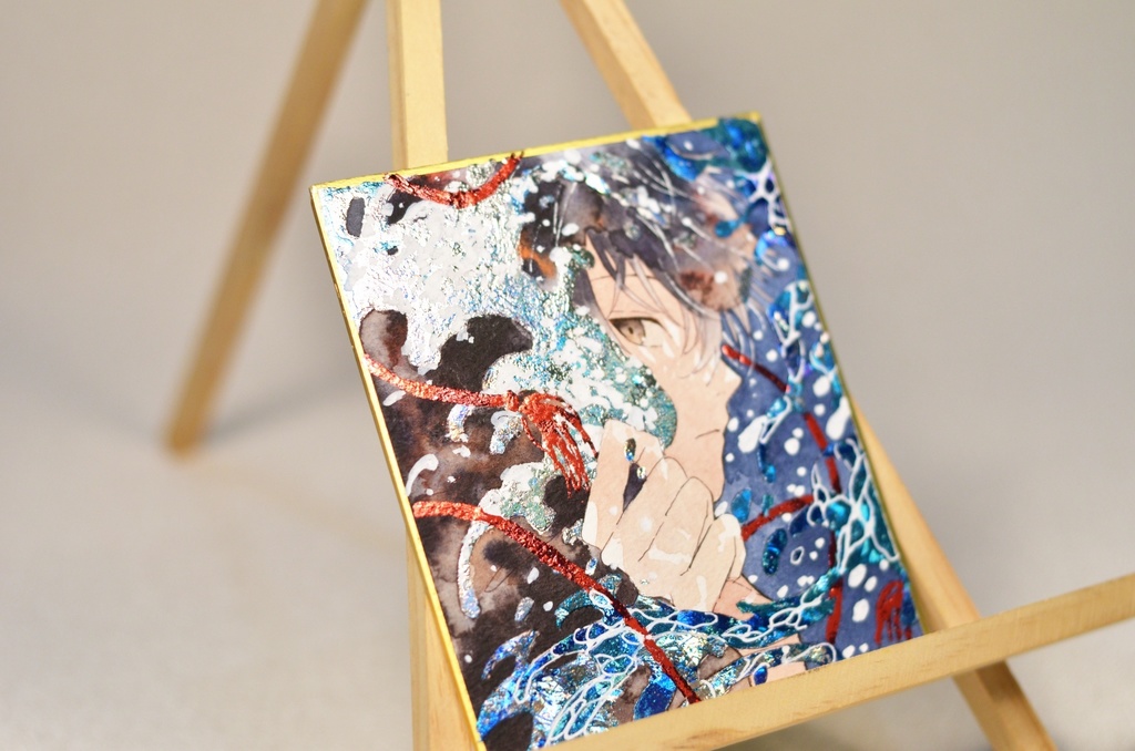 オリジナル 手描きイラスト 男の子 青年 「波のフード」 1/4色紙サイズ 透明水彩 原画