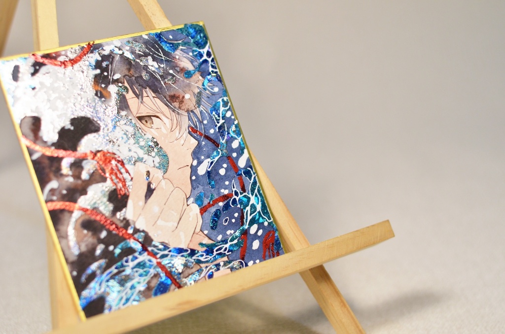 オリジナル 手描きイラスト 男の子 青年 「波のフード」 1/4色紙サイズ 透明水彩 原画