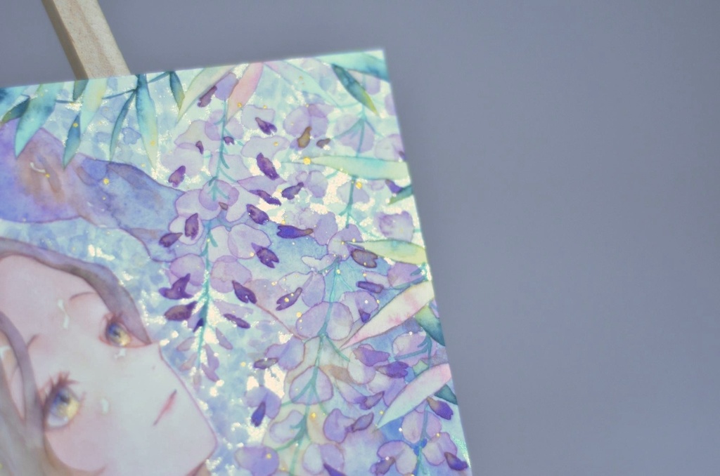 オリジナル 手描きイラスト 女の子 「差し込む藤色」 正方形サイズ 透明水彩 原画