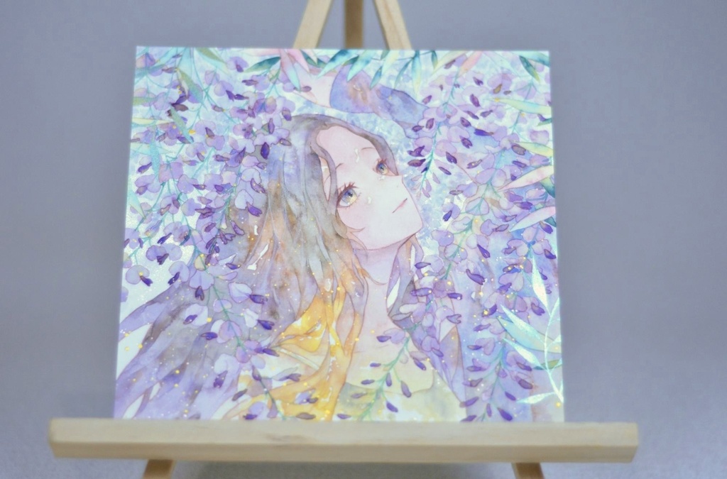 オリジナル 手描きイラスト 女の子 「差し込む藤色」 正方形サイズ 透明水彩 原画