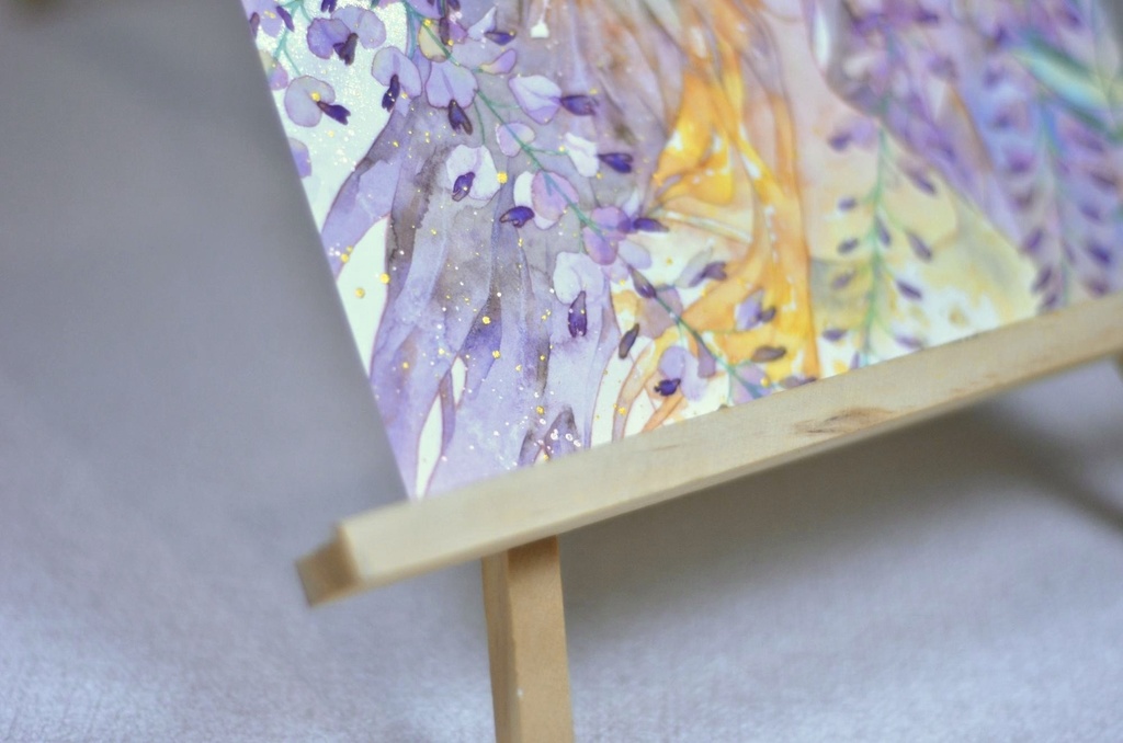 オリジナル 手描きイラスト 女の子 「差し込む藤色」 正方形サイズ 透明水彩 原画