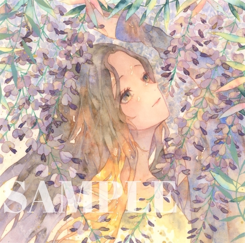 オリジナル　手描きイラスト　女の子　「差し込む藤色」　正方形サイズ　透明水彩　原画