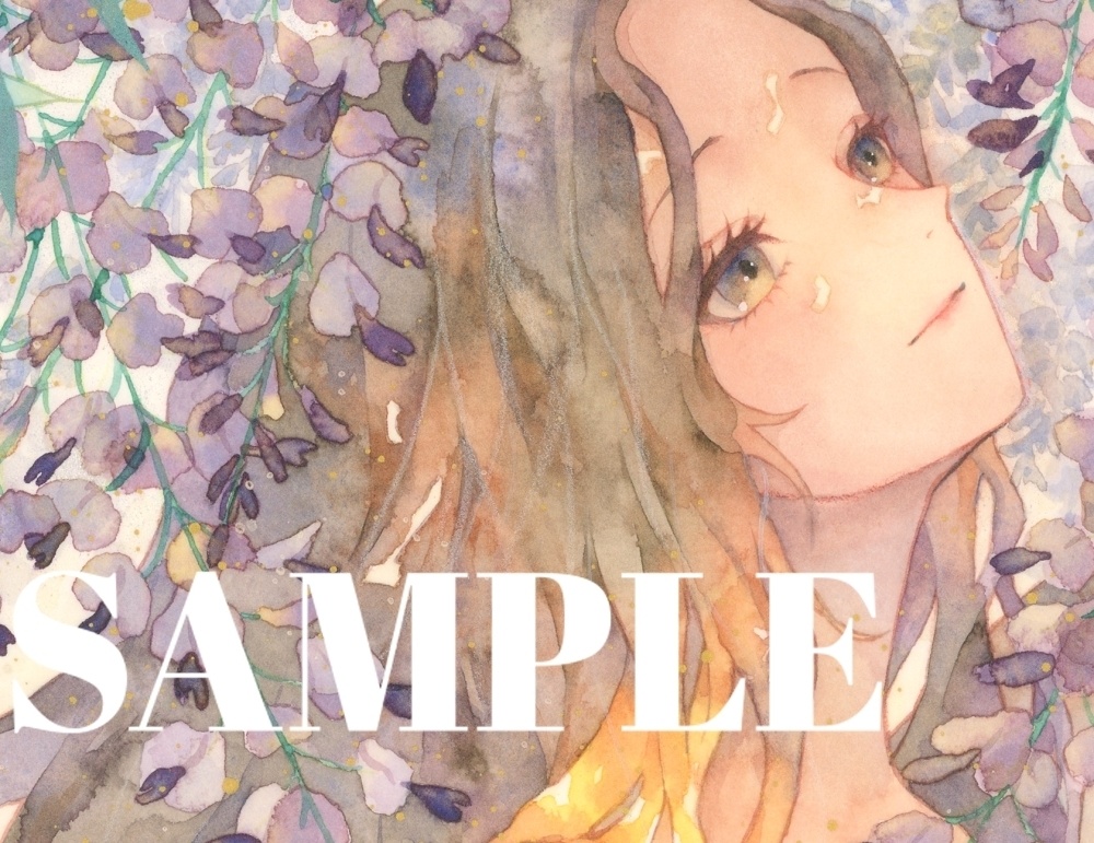 オリジナル 手描きイラスト 女の子 「差し込む藤色」 正方形サイズ 透明水彩 原画