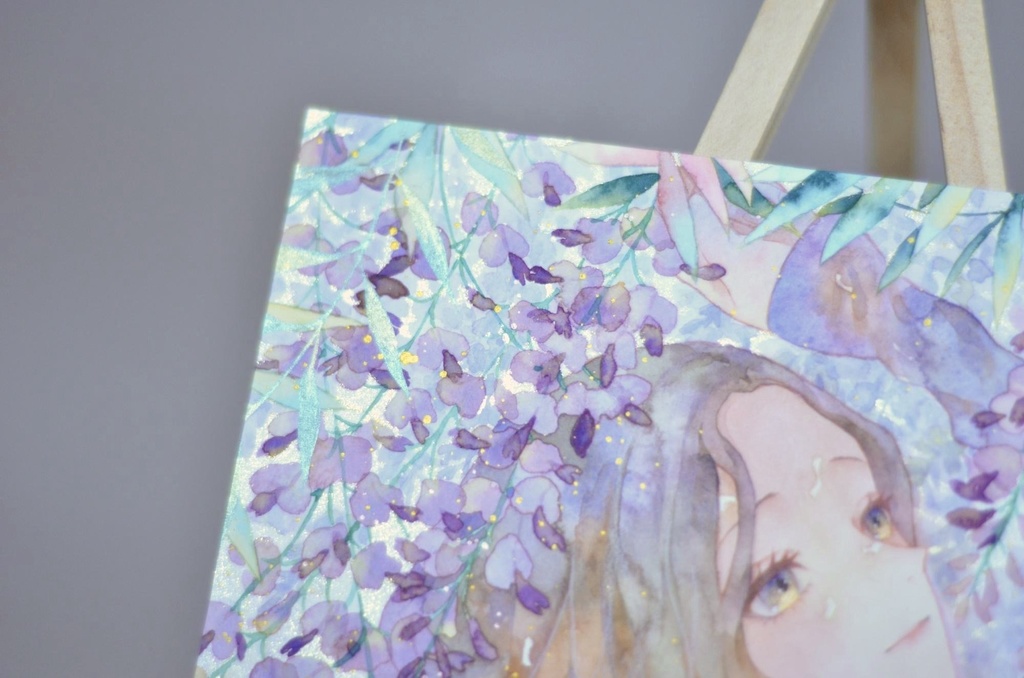 オリジナル 手描きイラスト 女の子 「差し込む藤色」 正方形サイズ 透明水彩 原画