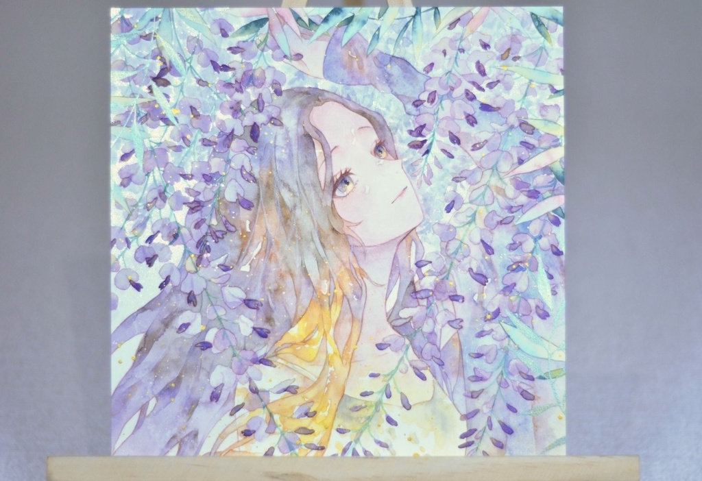 オリジナル 手描きイラスト 女の子 「差し込む藤色」 正方形サイズ 透明水彩 原画