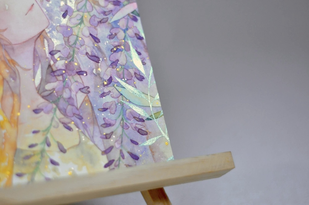 オリジナル 手描きイラスト 女の子 「差し込む藤色」 正方形サイズ 透明水彩 原画