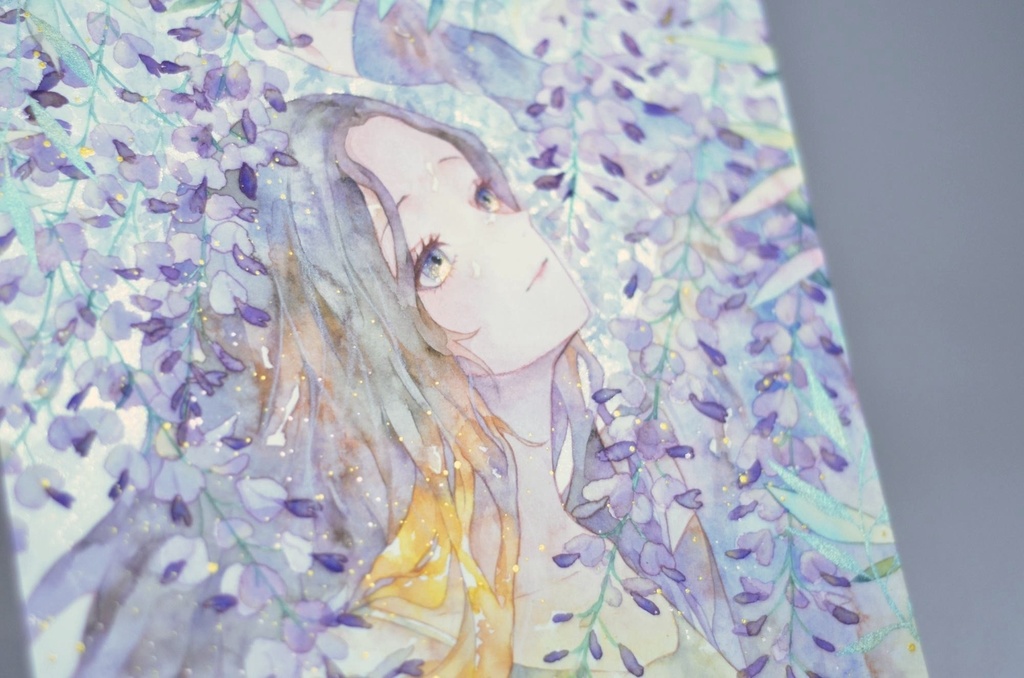 オリジナル 手描きイラスト 女の子 「差し込む藤色」 正方形サイズ 透明水彩 原画