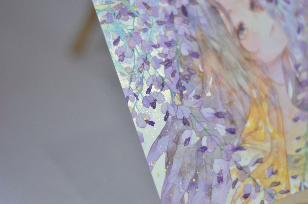 オリジナル 手描きイラスト 女の子 「差し込む藤色」 正方形サイズ 透明水彩 原画